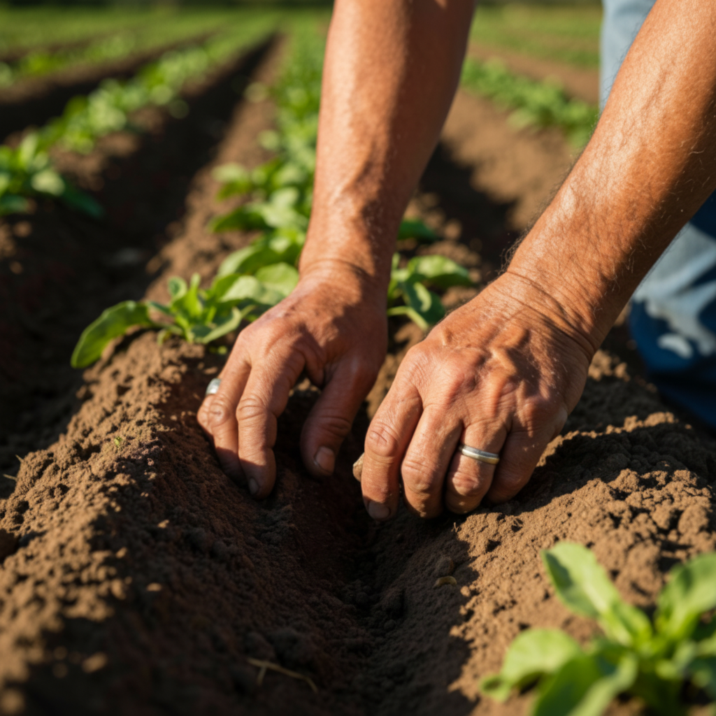 Manos cultivando en la tierra - Agricultura sostenible