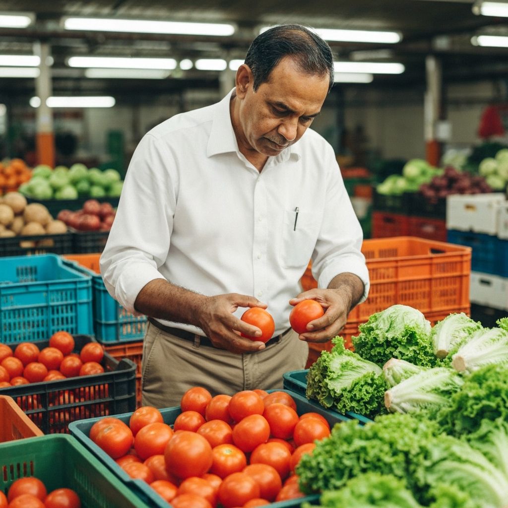 Comprador mayorista verificando calidad de productos